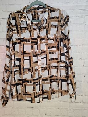 Outback Red Belt Pring Button Up Blouse Sz M Western Romantic Ibiza Tuscan